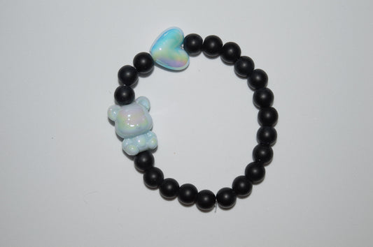 Blue iridescent heart and teddy bracelet