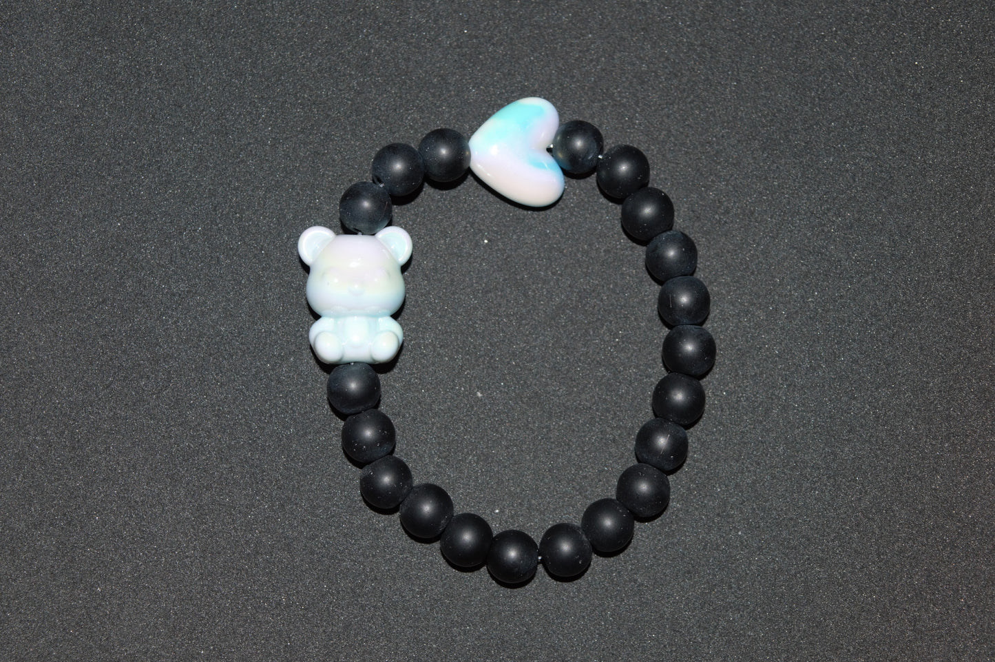 Blue iridescent heart and teddy bracelet