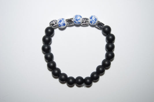 Flower ceramic and black stone bead bracelet