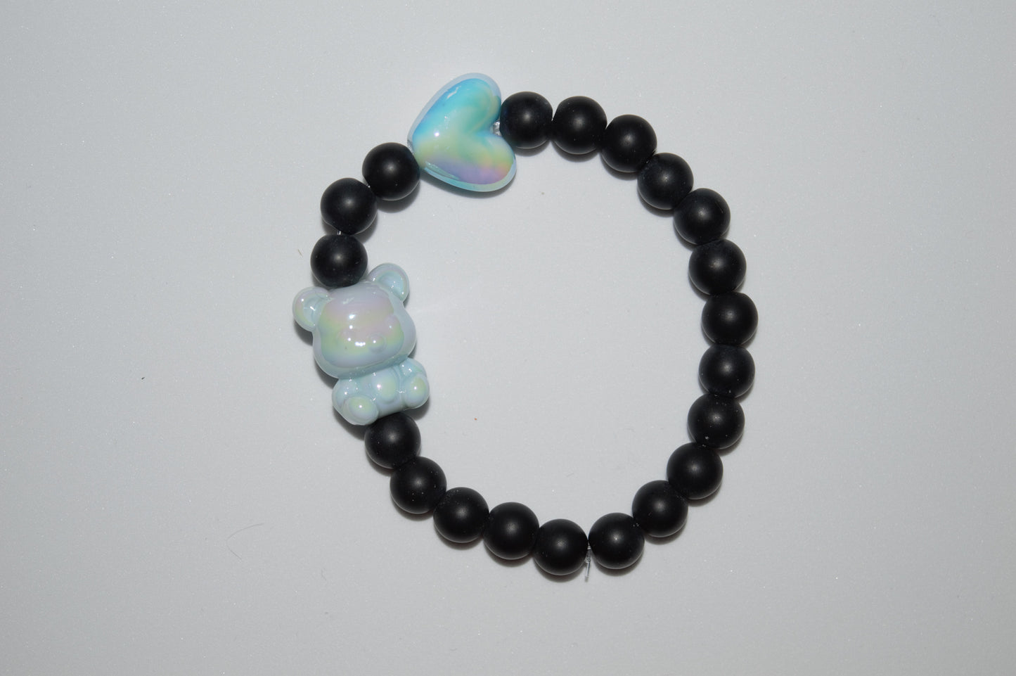 Blue iridescent heart and teddy bracelet