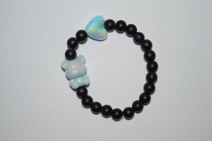 Blue iridescent heart and teddy bracelet