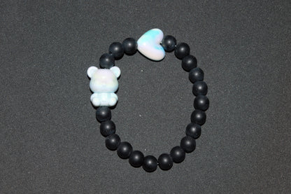 Blue iridescent heart and teddy bracelet