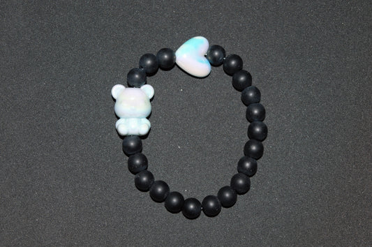 Blue iridescent heart and teddy bracelet